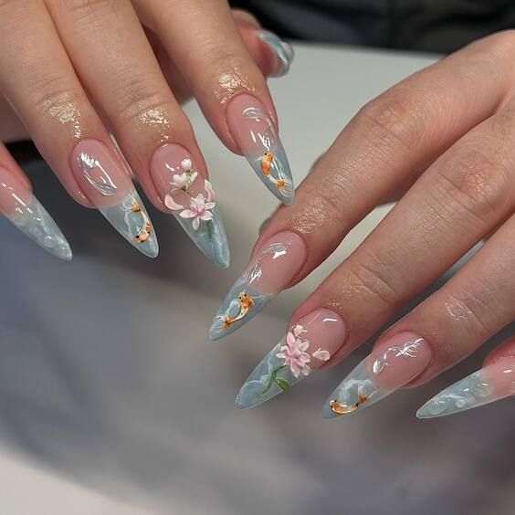 Cherry Blossom Dreams on Gradient Almond Nails