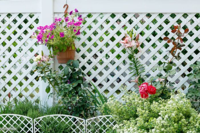 Gartenblumen auf dem weißen Plastikzaun