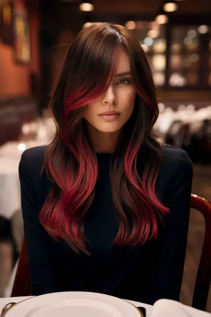 Herbst Balayage Brünett Rot mit langen Lagen