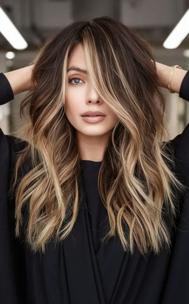 Herbst-Balayage brünett mit Honigsträhnchen