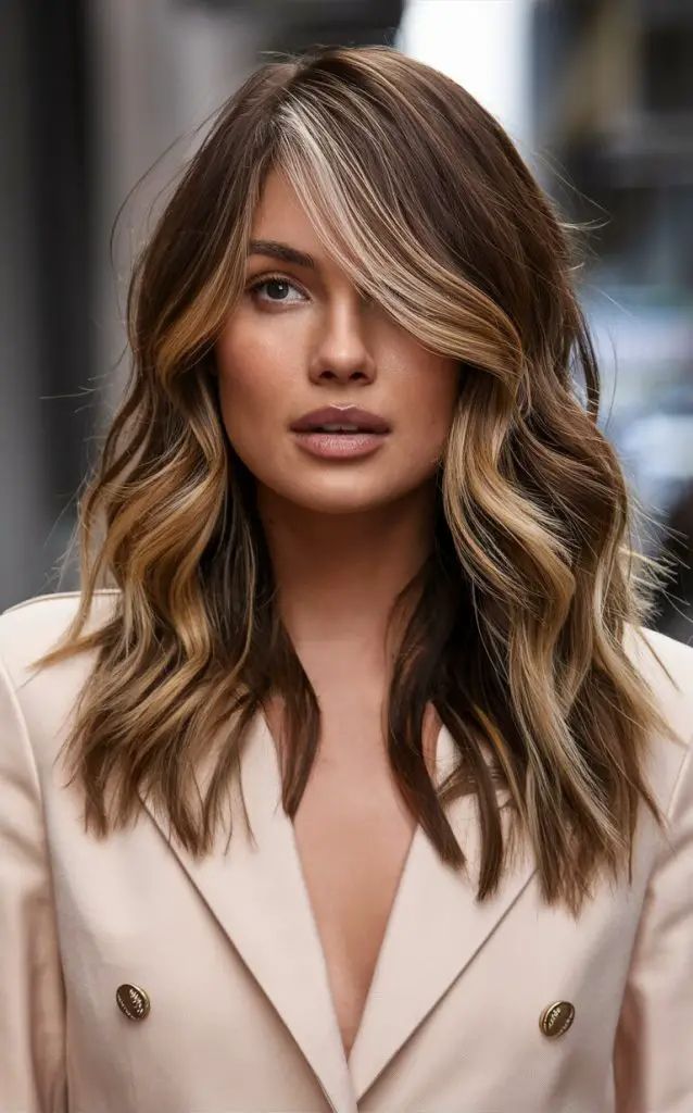 Herbst-Balayage brünett mit blondem Geldstück