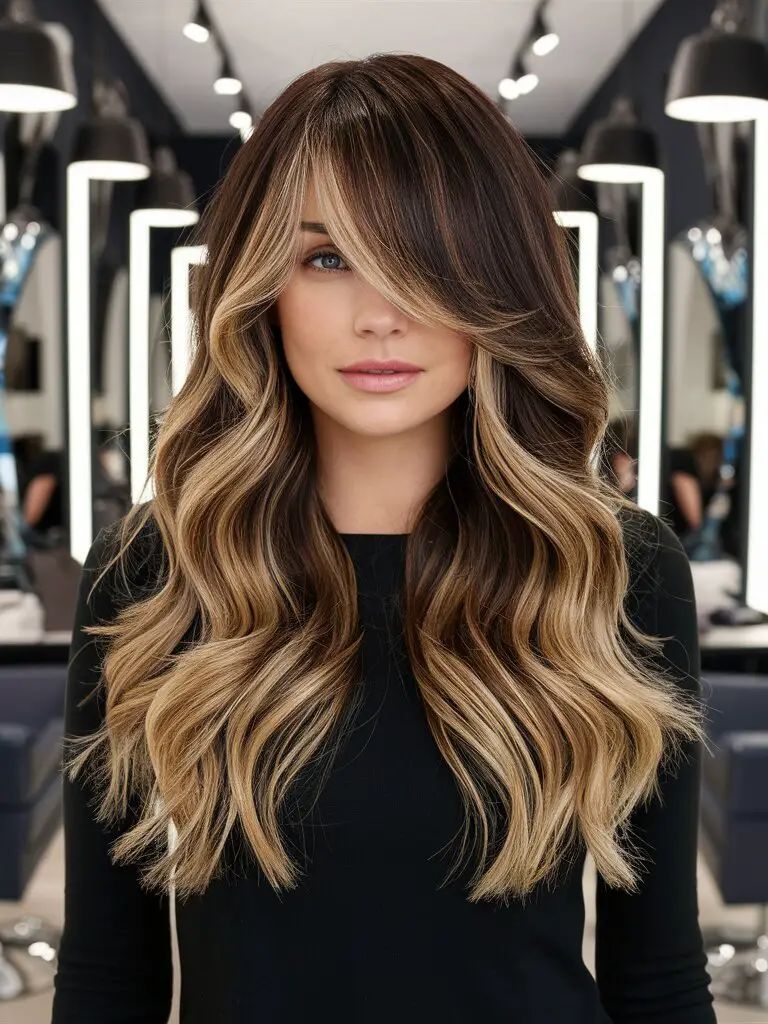 Herbst-Balayage brünett mit blonden und kupferfarbenen Highlights