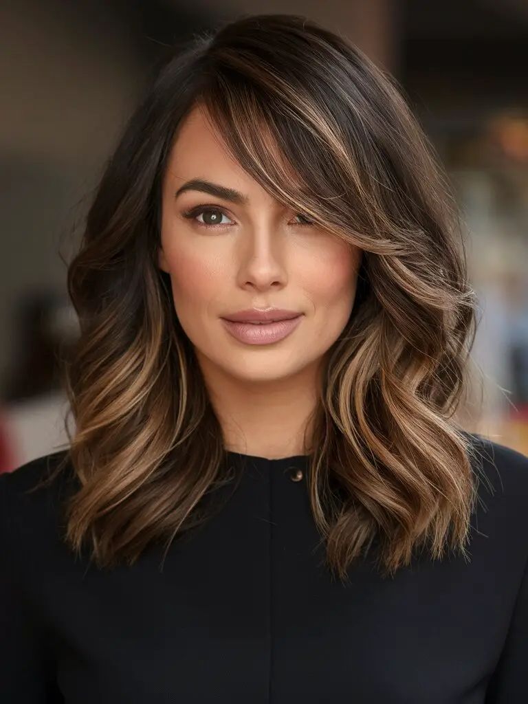 Herbst-Balayage brünett mit dezenten blonden Highlights