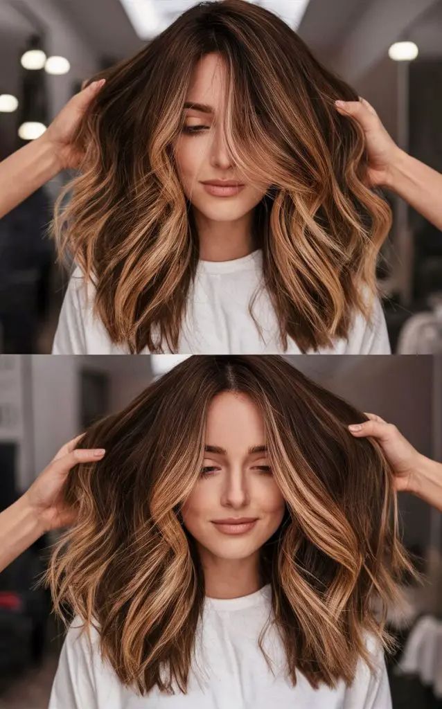 Herbst-Balayage brünett mit karamellfarbenen Strähnchen