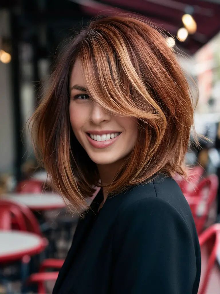 Herbst-Balayage brünett mit rotbraunen und blonden Strähnchen