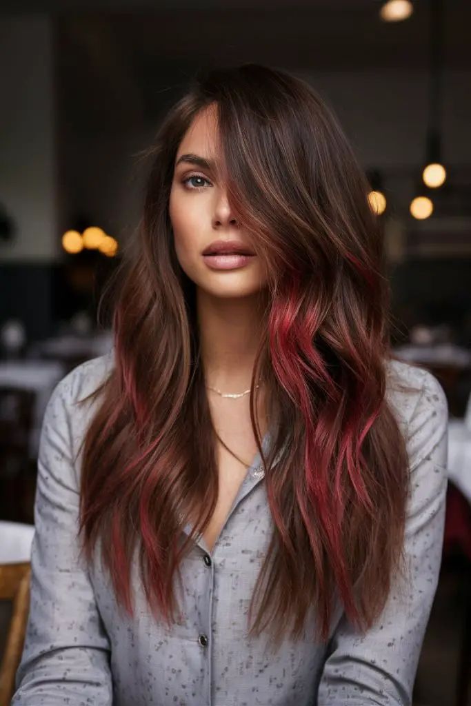 Herbst-Balayage brünett mit roten Spitzen