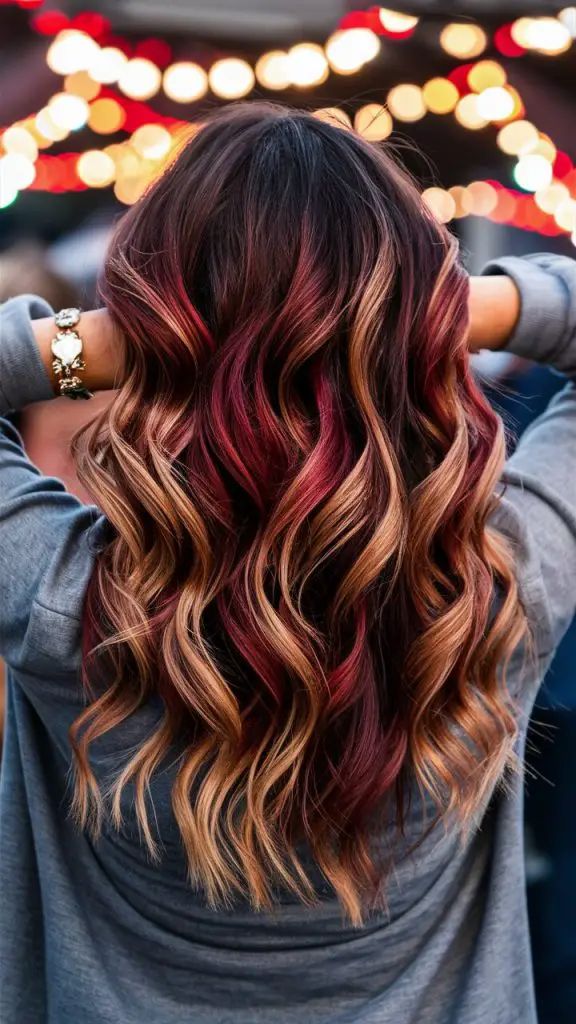 Herbst-Balayage brünett mit roten und blonden Akzenten