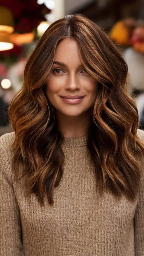 Herbst-Balayage brünett mit warmen Kupfersträhnchen