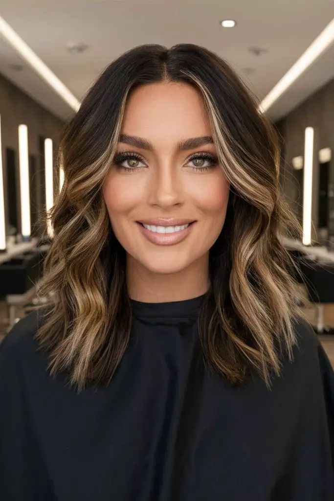 Herbstliche Balayage-Eleganz für dunkelbraunes Haar