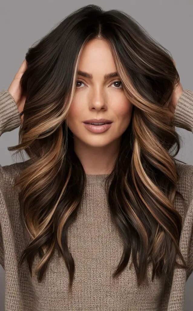 Karamellfarbener Balayage-Look auf dunkelbraunem Haar