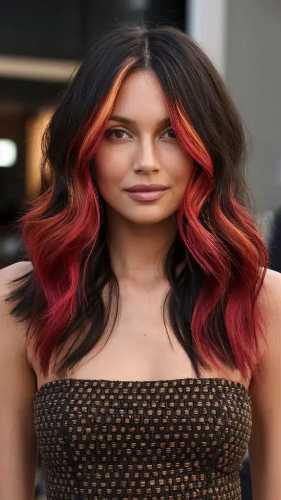 Kräftig rotes Balayage auf dunkelbraunem Haar