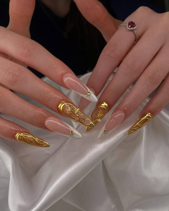 Regal Gold Sculptures on Sheer Almond Nails