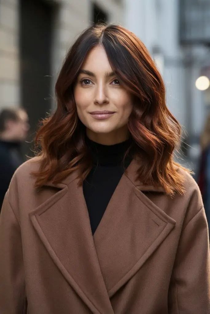 Sattes Rotbraun Balayage für dunkelbraunes Haar