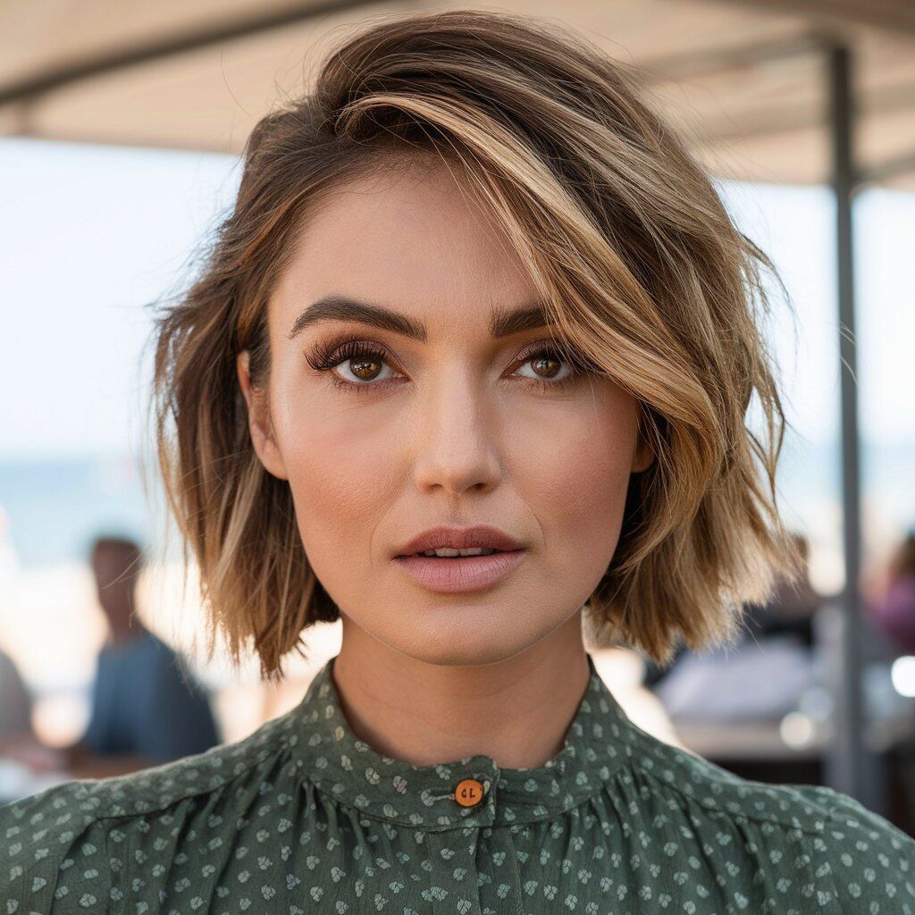 Beachy Waves auf einem hellbraunen Bob in einem Strandcafé