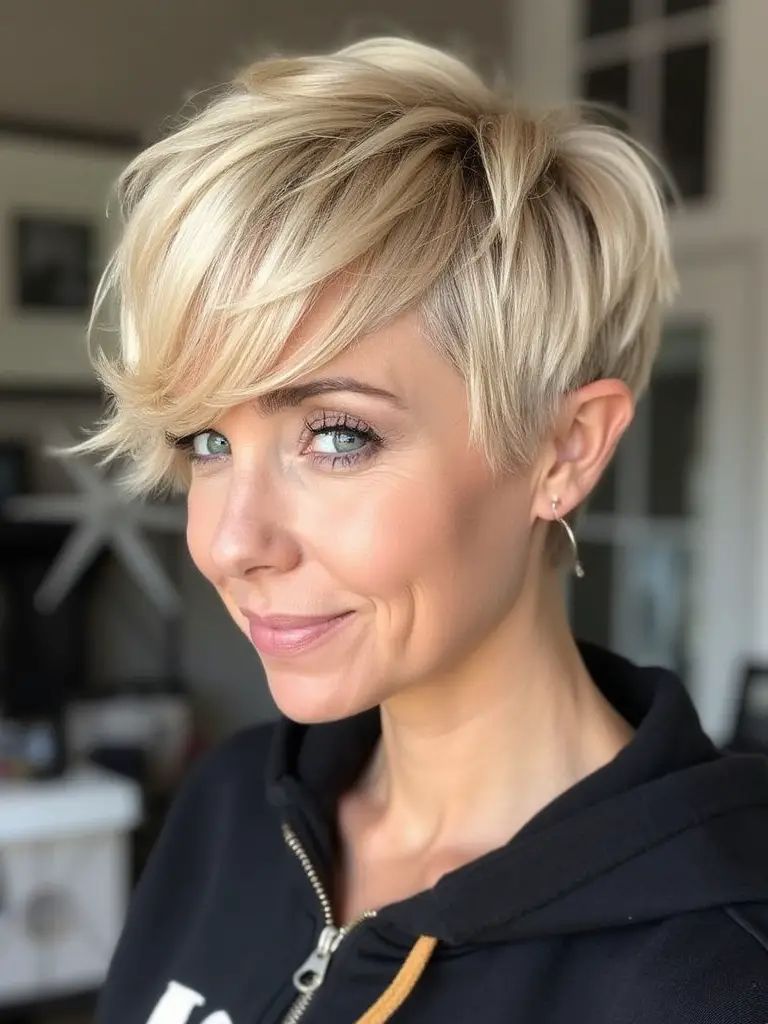 Blonder Pixie mit seitlich geschwungenem Pony