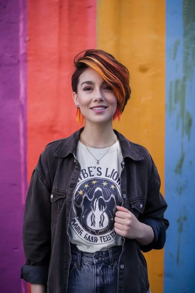 Bold Pixie mit orange-gelbem Ombre vor einem bunten Wandgemälde