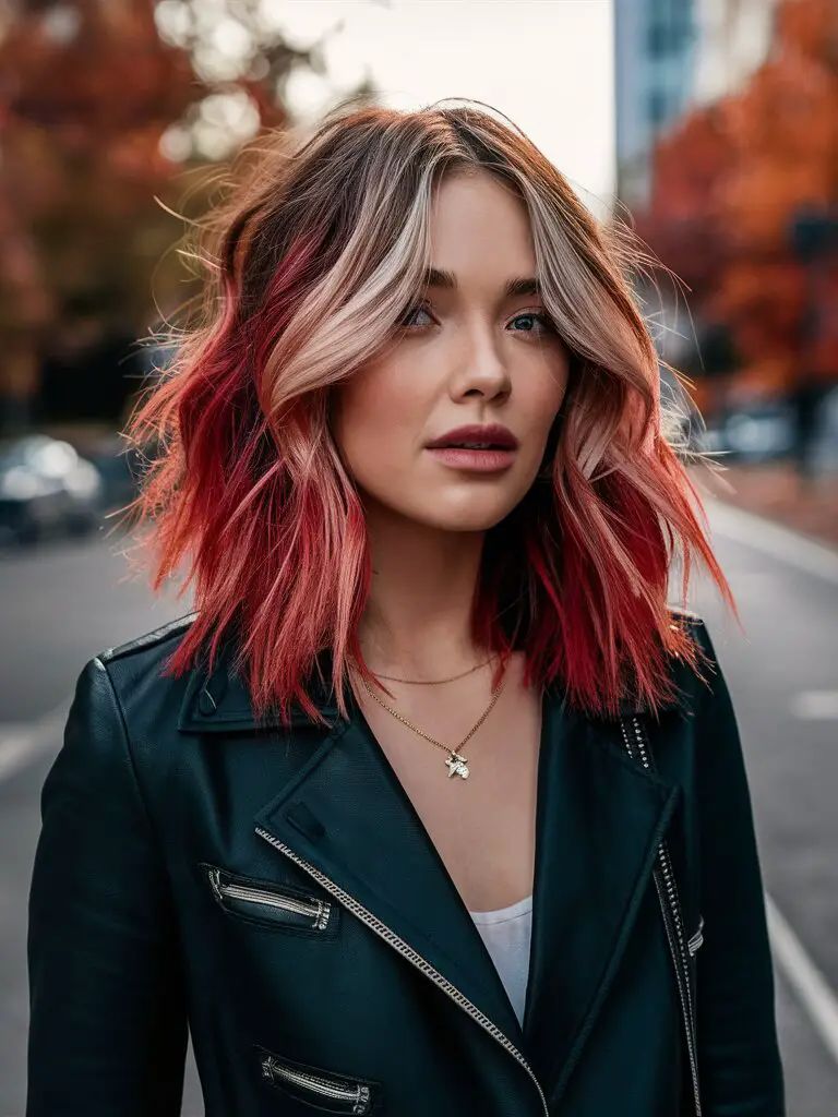 Herbst-Balayage Blond mit roten Strähnchen