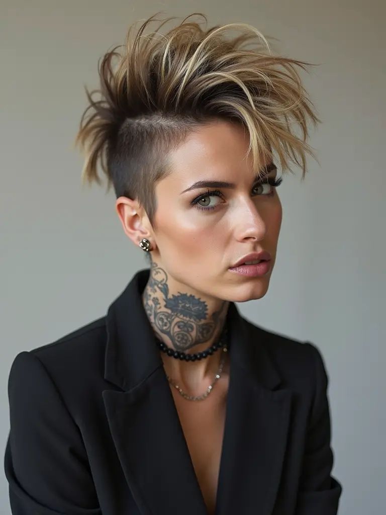 Kurzer blonder Fauxhawk mit dunklen Wurzeln und rasierten Seiten