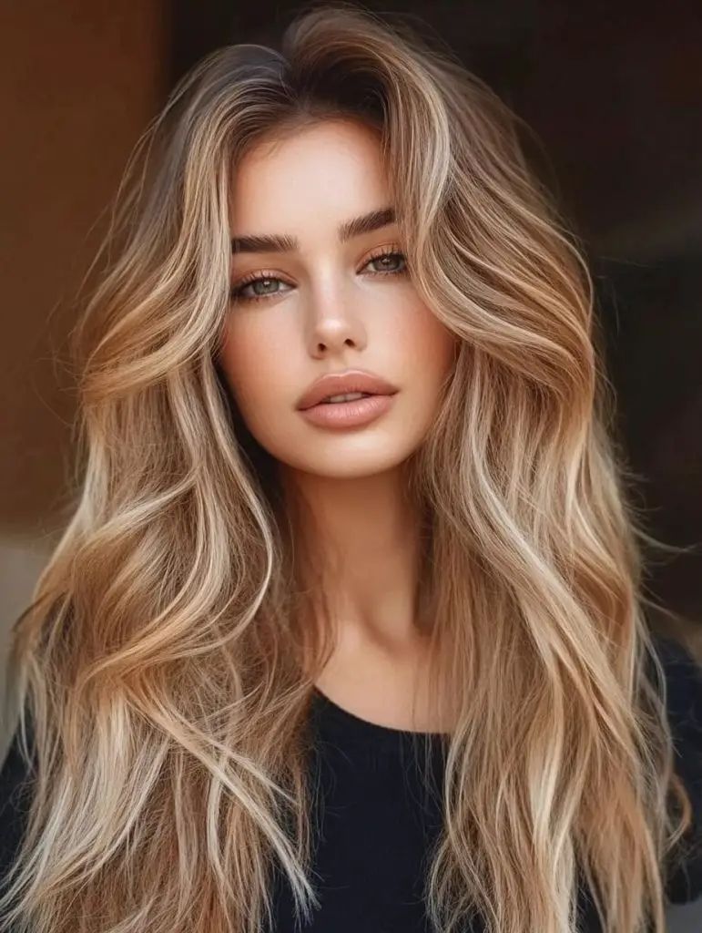 Voluminöses dunkles Blond mit karamellfarbenen Highlights