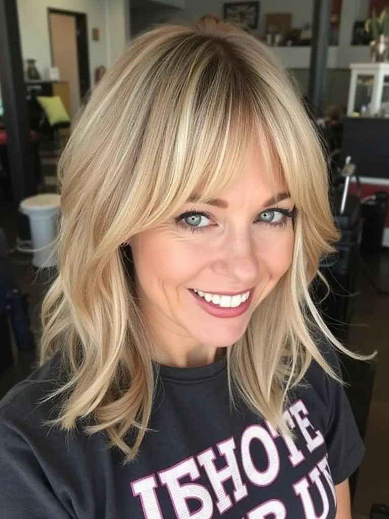 Wispy Bangs mit dimensionalen blonden Strähnen