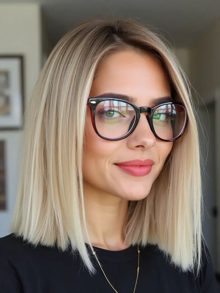 Aschblonder Straight Bob mit Brille