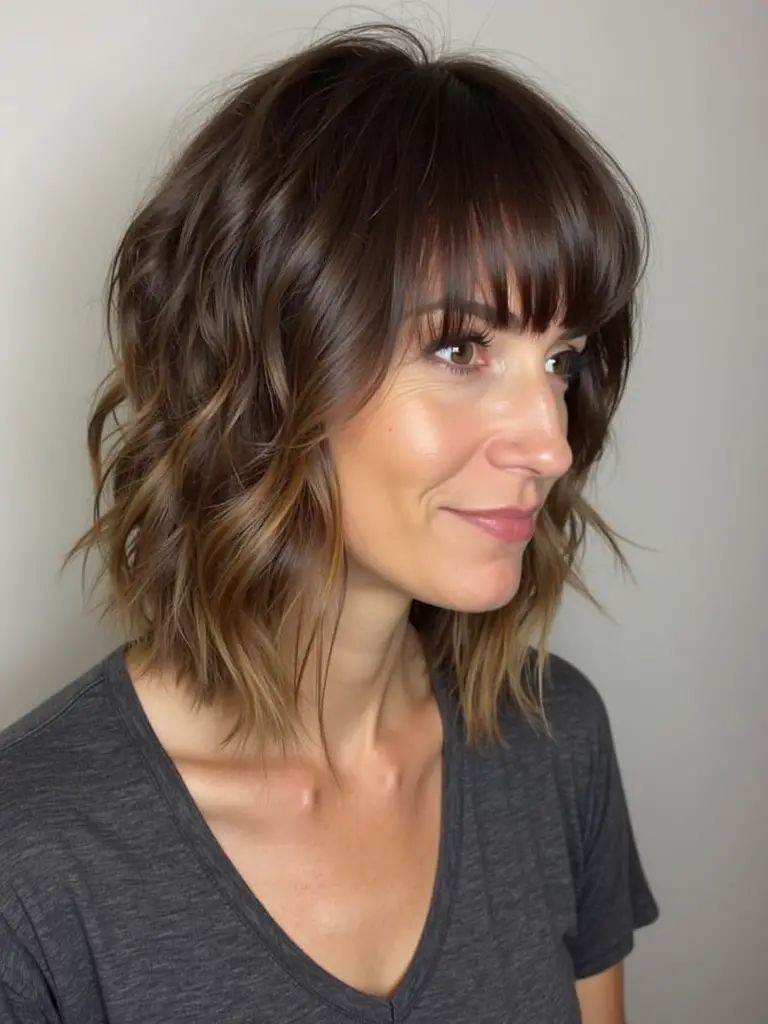 Brünetter Layered Shag mit Fransen für einen raffinierten Look