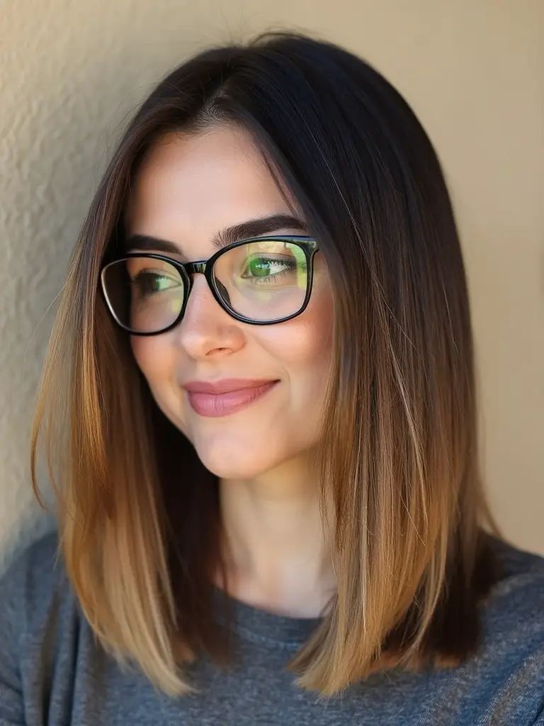 Glattes mittellanges brünettes Haar mit Ombre Highlights