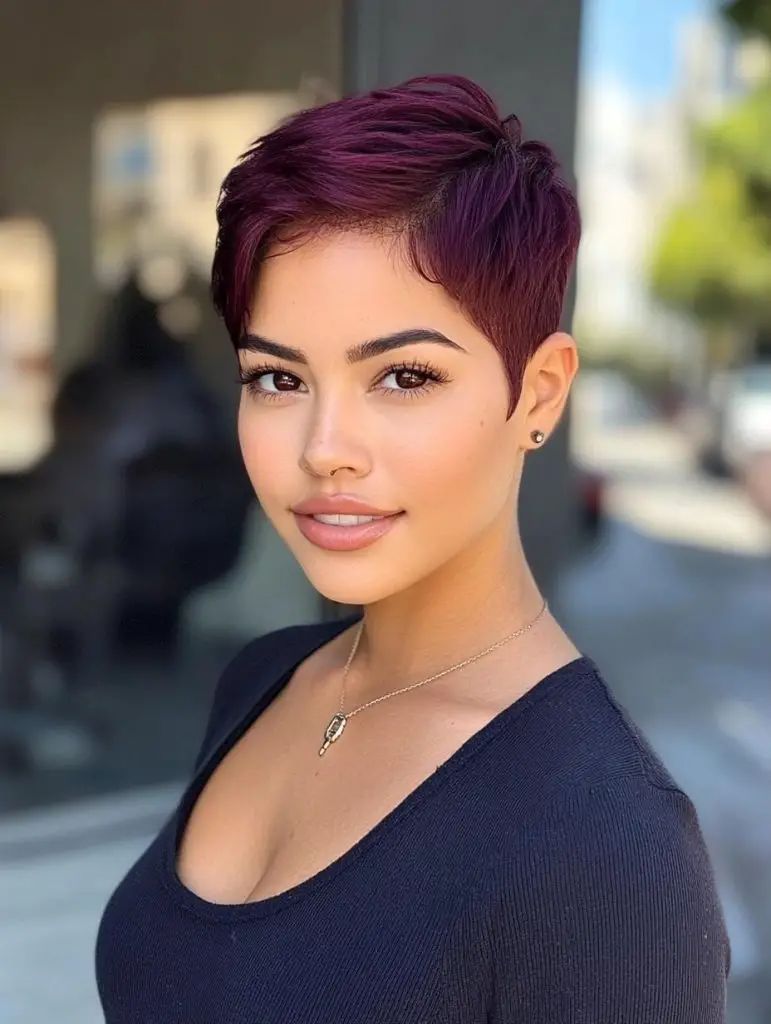 Burgunderroter Pixie Cut mit pflaumenfarbenen Highlights