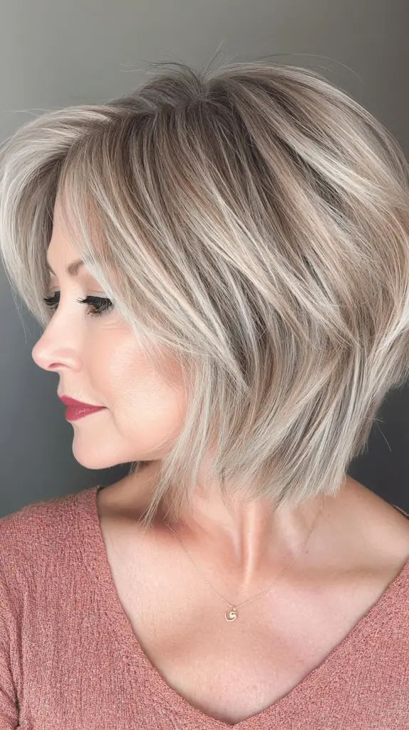 Layered Stacked Bob Haircut für über 50-Jährige mit blonden Highlights