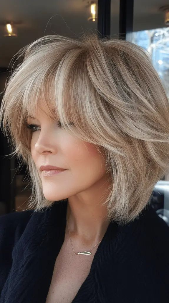 Layered Stacked Bob Haircut für über 50 mit gefiederten Lagen