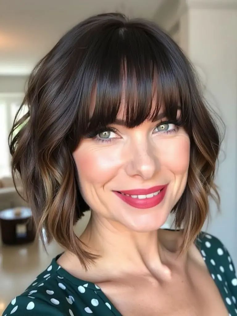 Layered Stacked Bob Haircut mit Pony für dunkles Haar